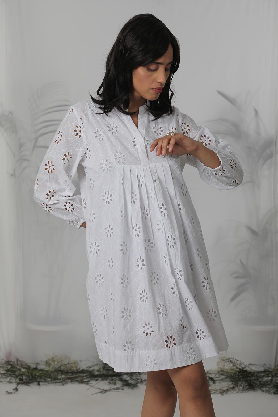 White Embroidered Pleated Dress