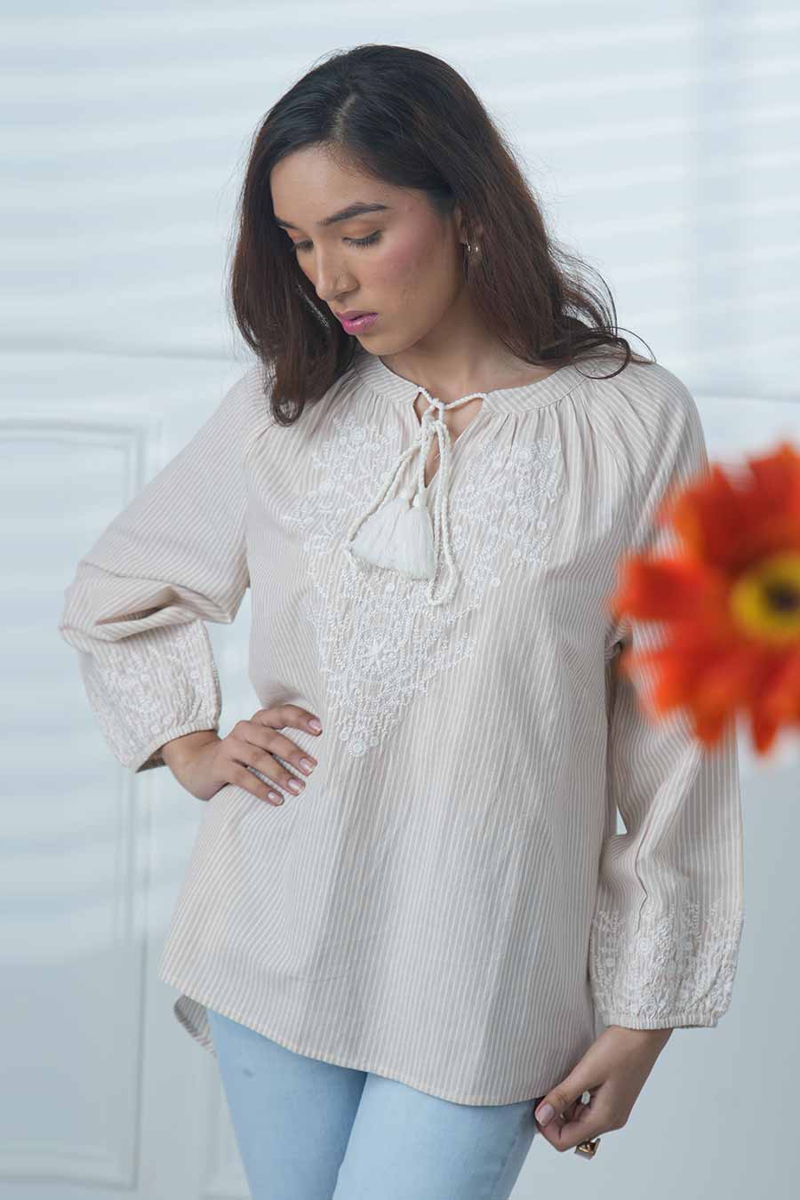 Beige Embroidered Top