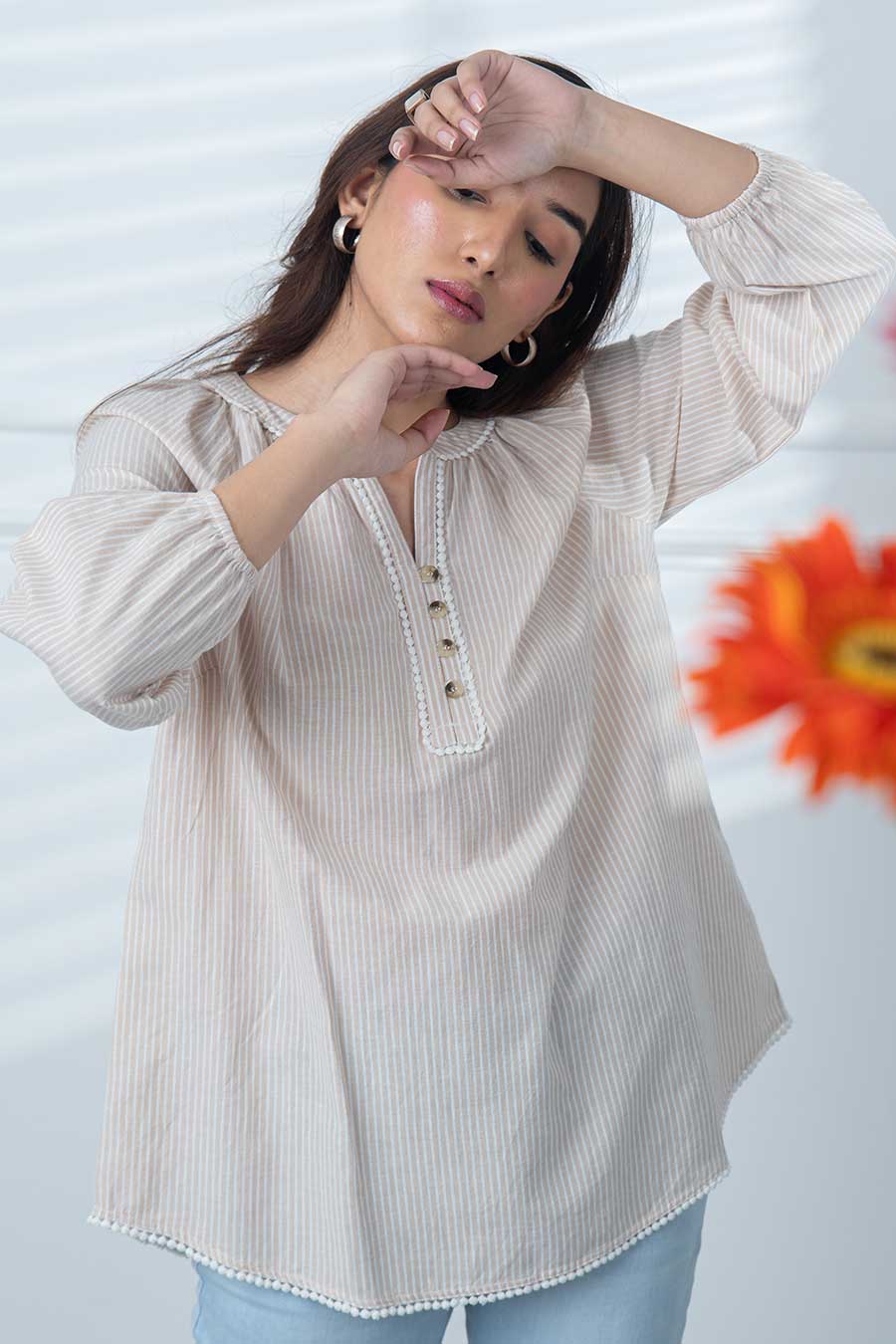 Beige Gathered Neck Top