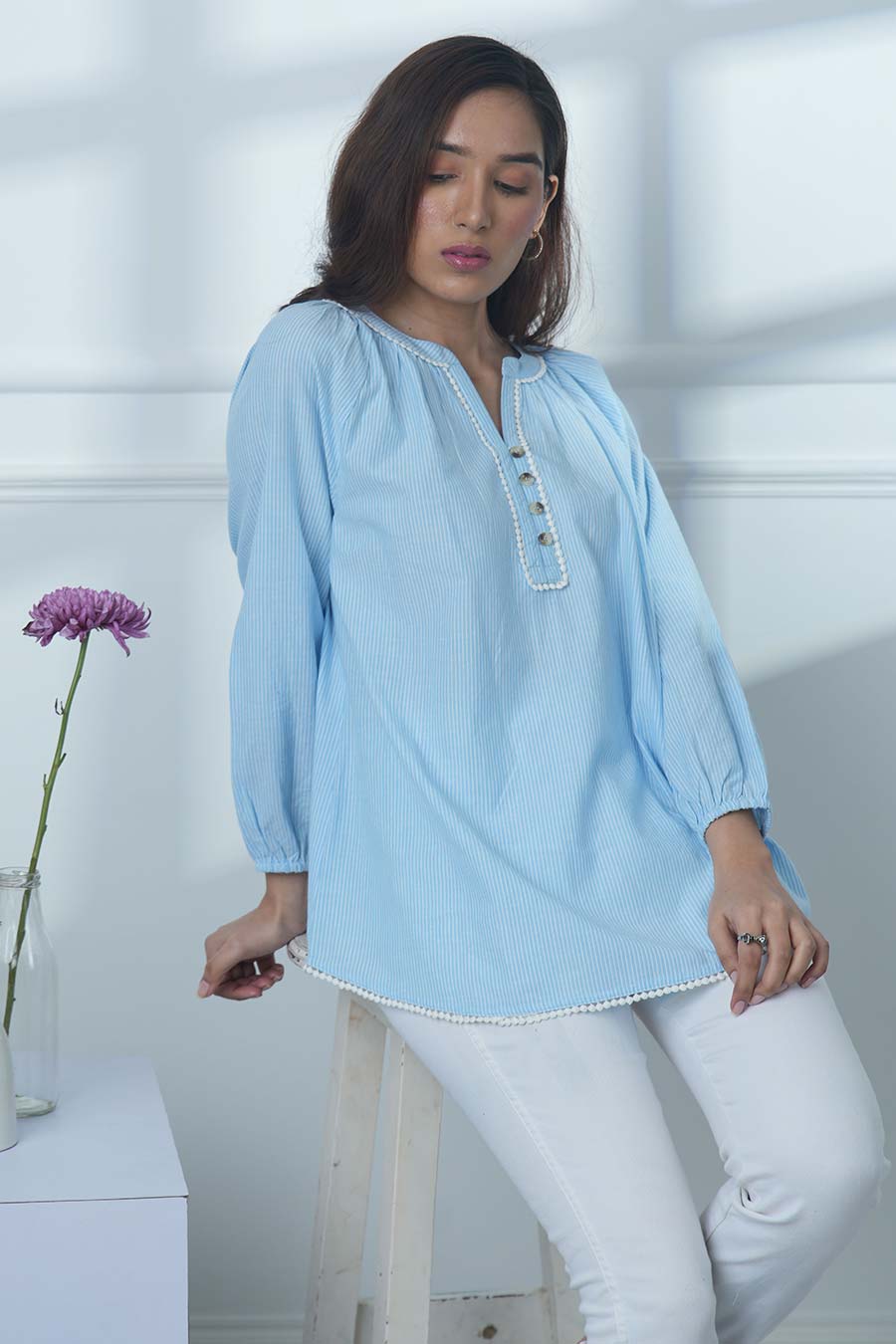 Blue Gathered Neck Top