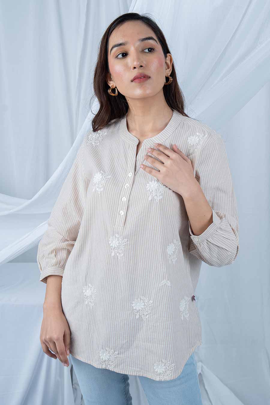 Beige Floral Embroidered Striped Top