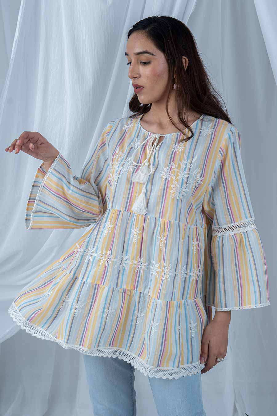 Yellow Embroidered Tiered Top