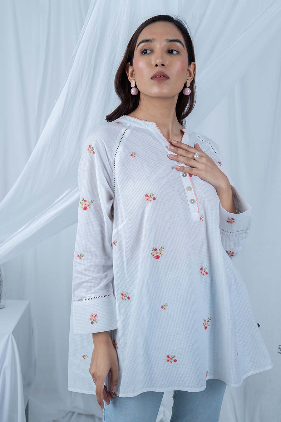 White Embroidered Gathered Top