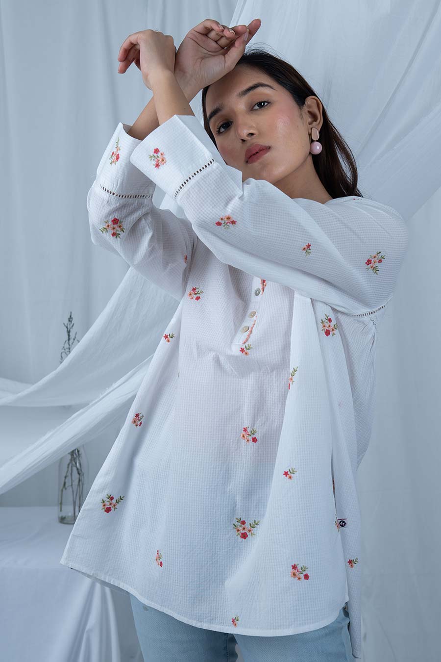 White Embroidered Gathered Top