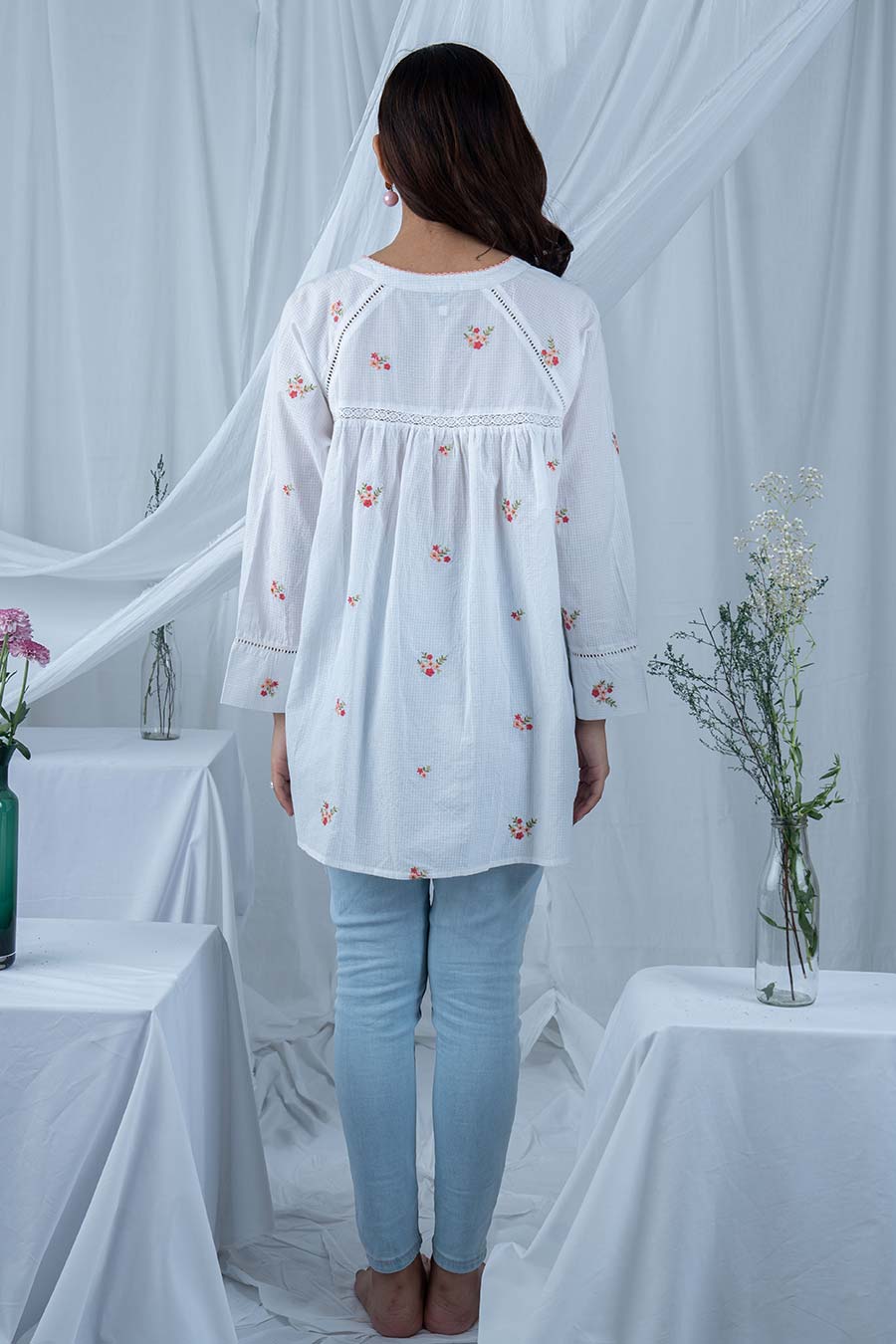 White Embroidered Gathered Top