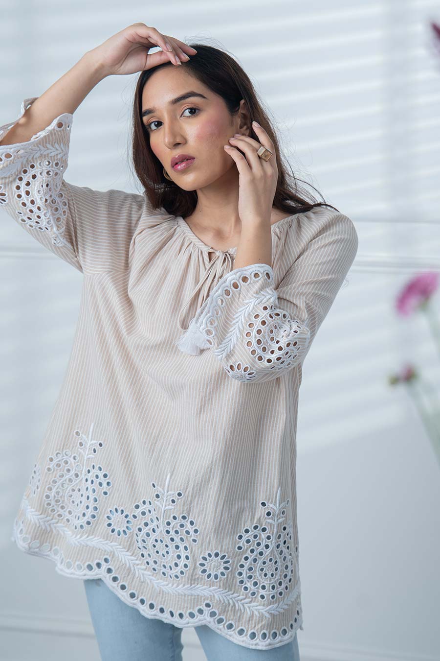 Beige Scalloped Embroidered Top