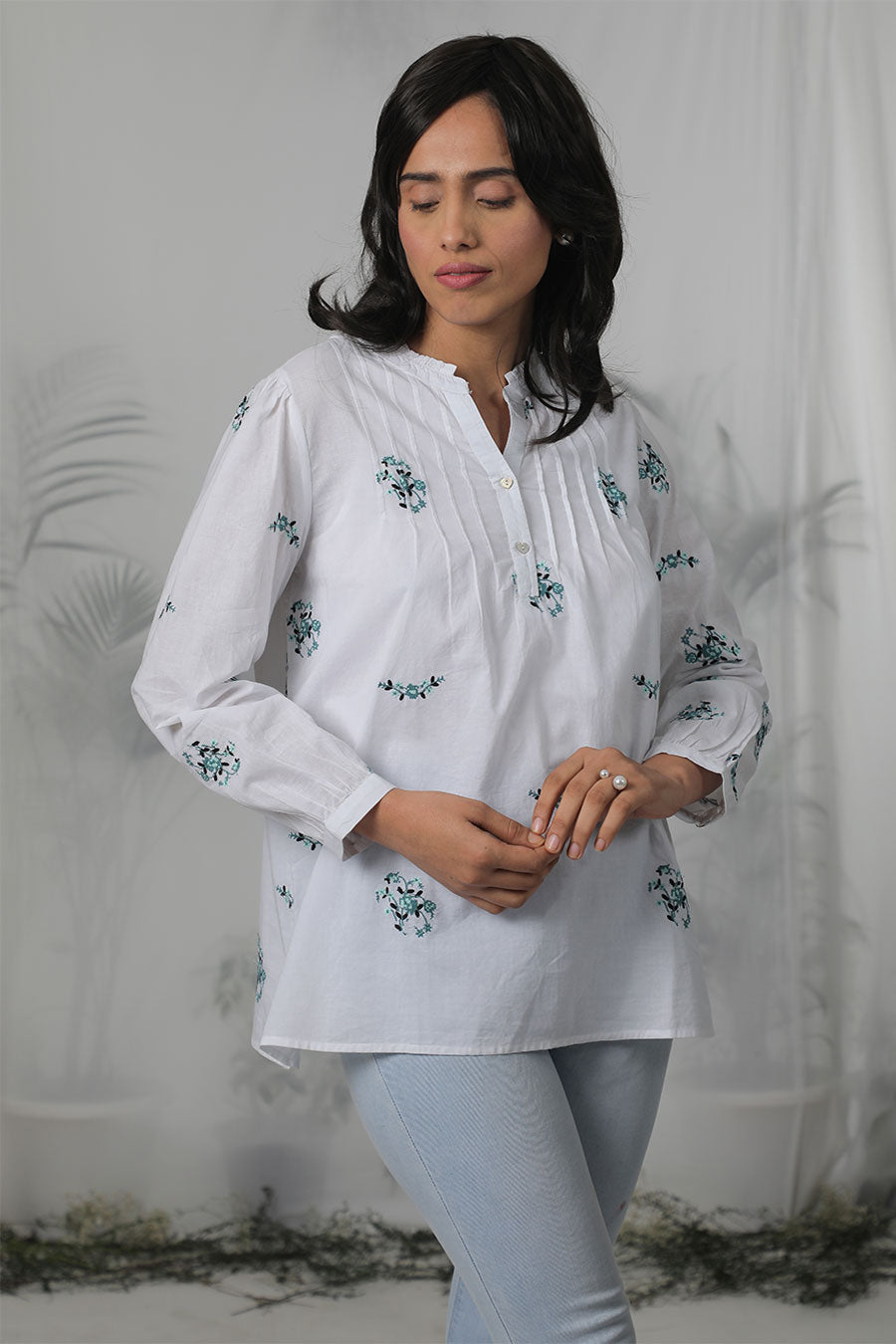 White Embroidered Pintuck Top
