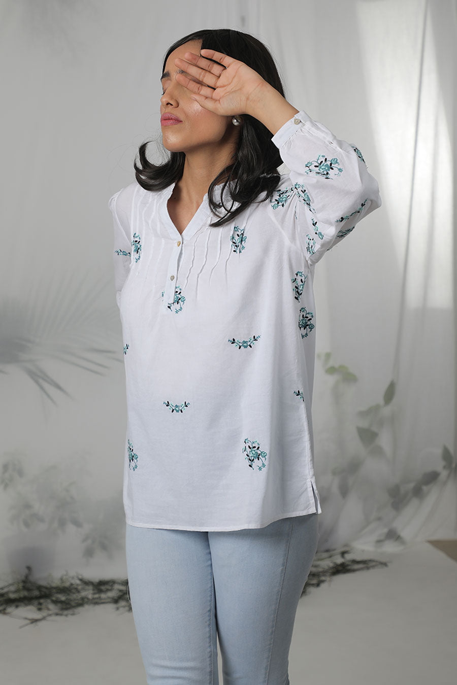 White Embroidered Pintuck Top