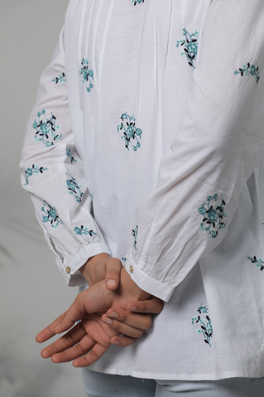 White Embroidered Pintuck Top