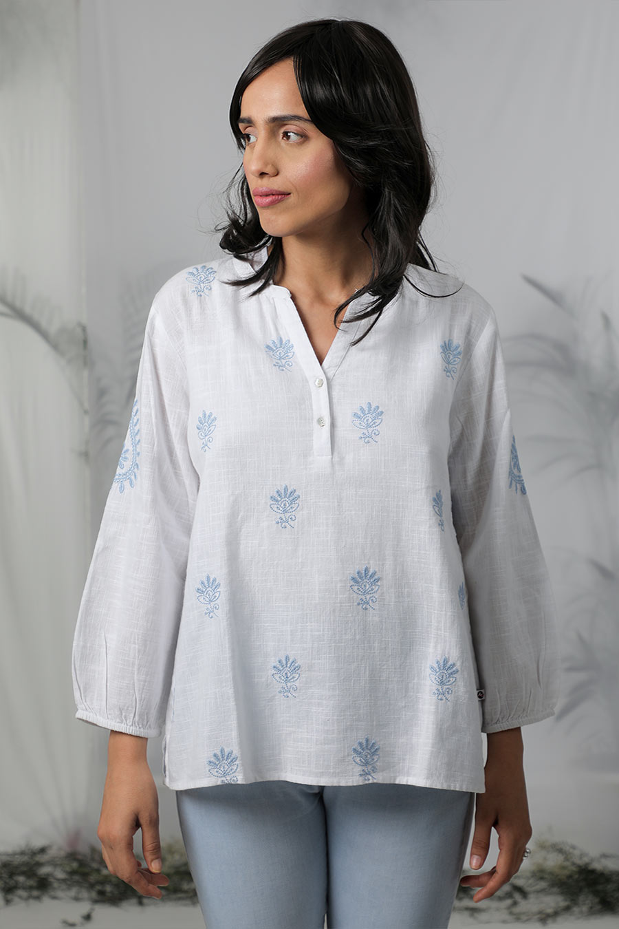 White & Blue Embroidered Top