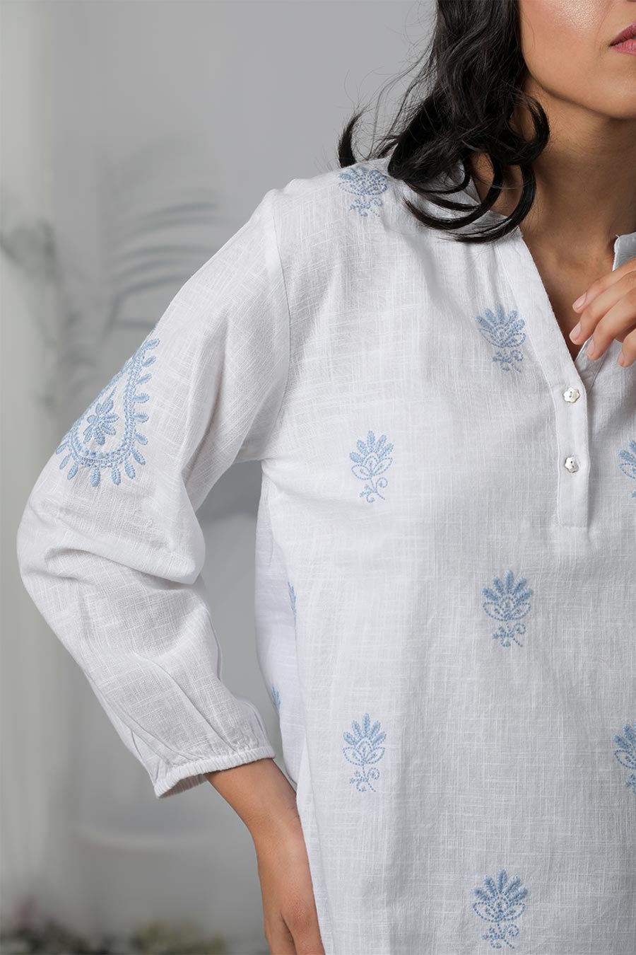 White & Blue Embroidered Top