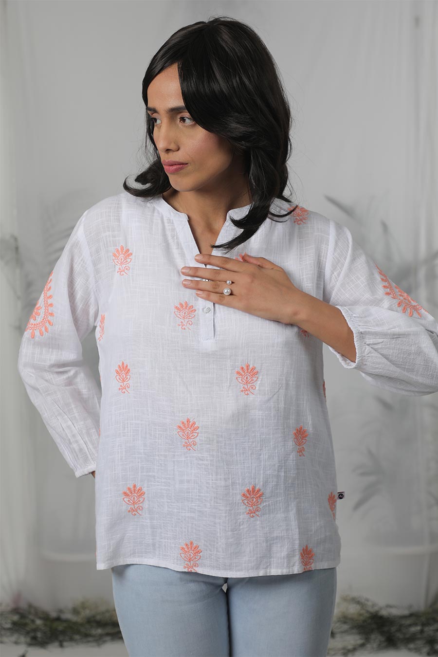 White & Orange Embroidered Top