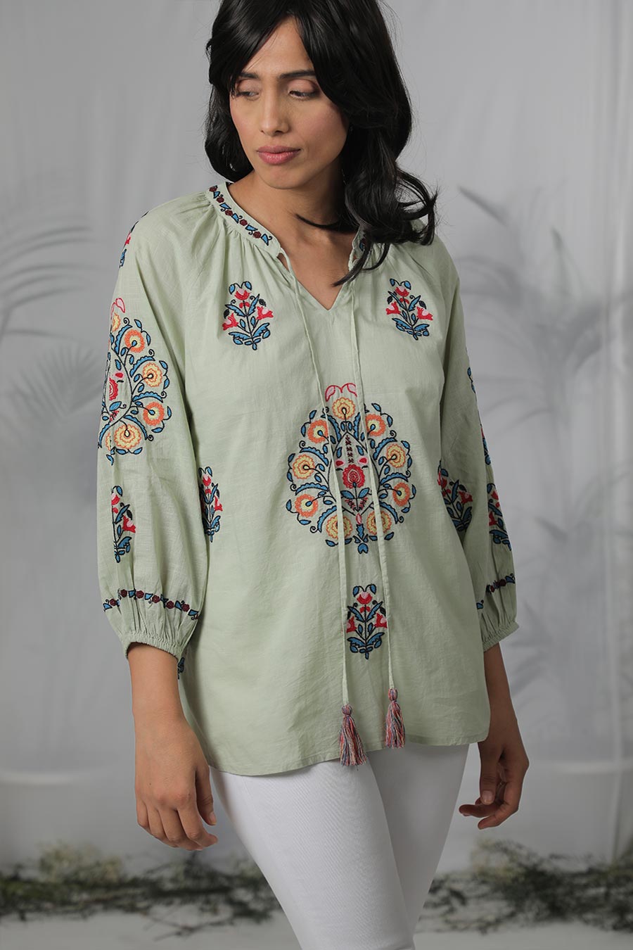 Green & Multicolour Embroidered Top