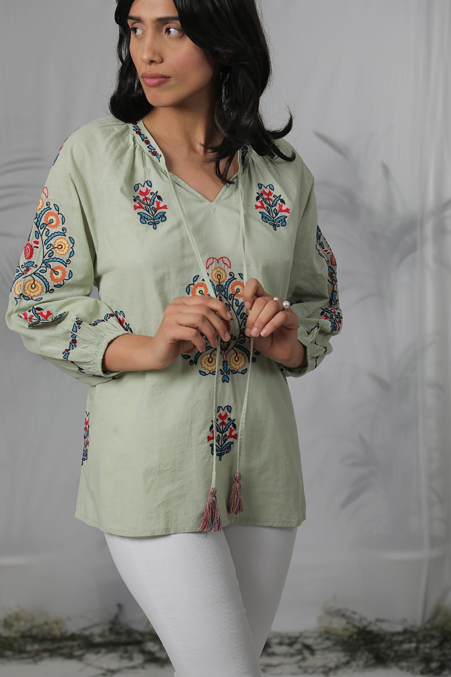 Green & Multicolour Embroidered Top