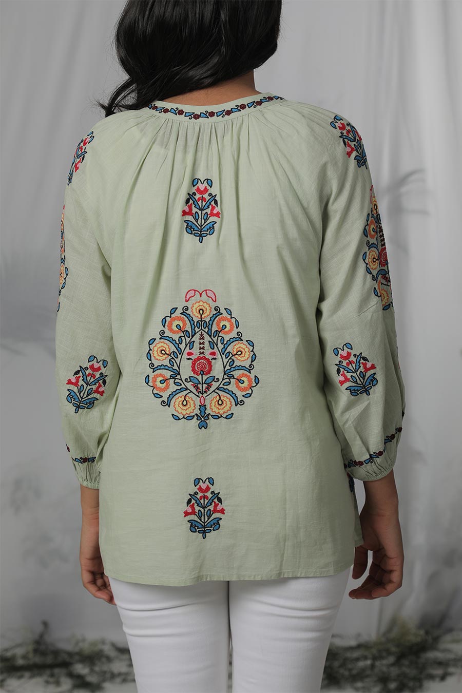 Green & Multicolour Embroidered Top