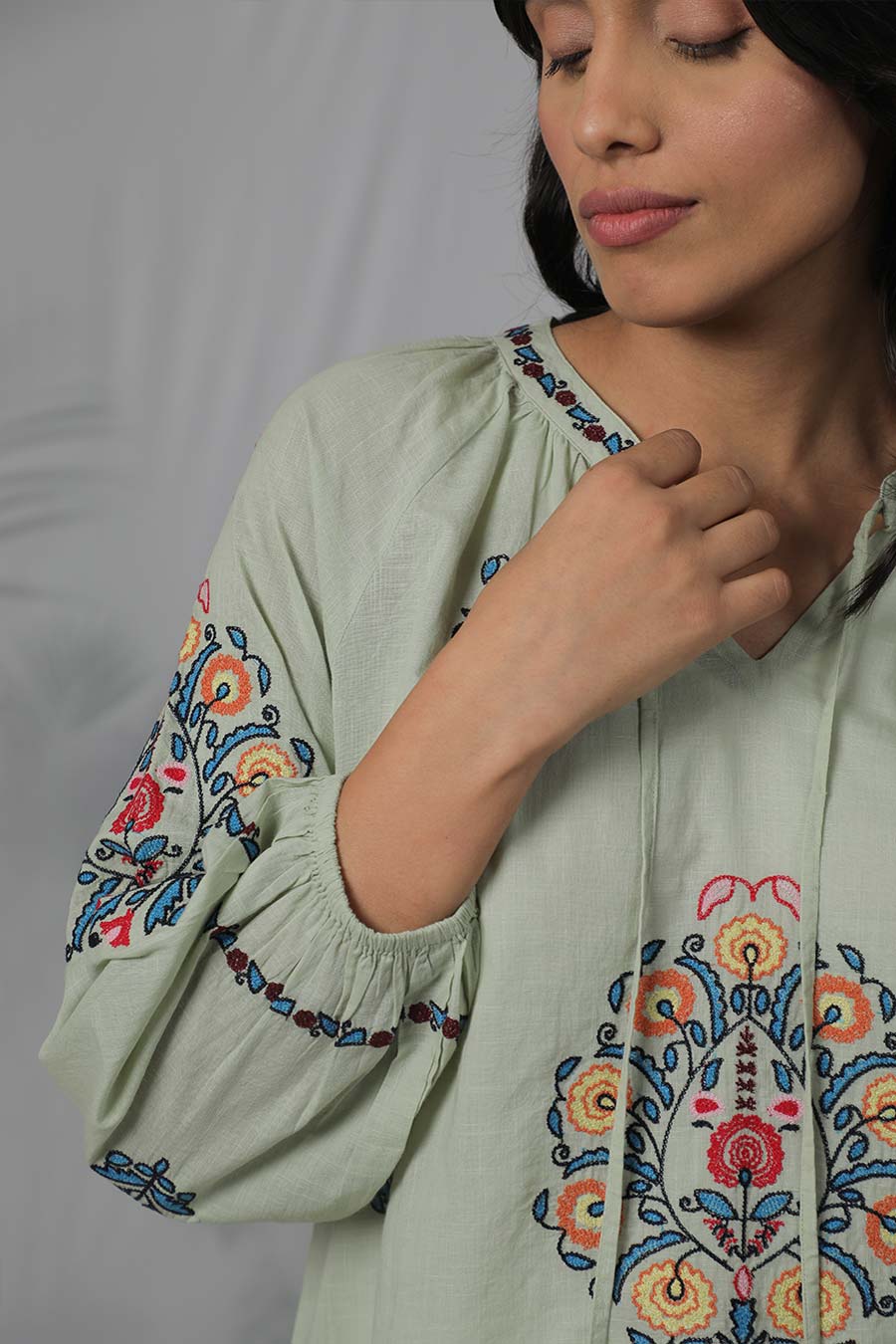 Green & Multicolour Embroidered Top