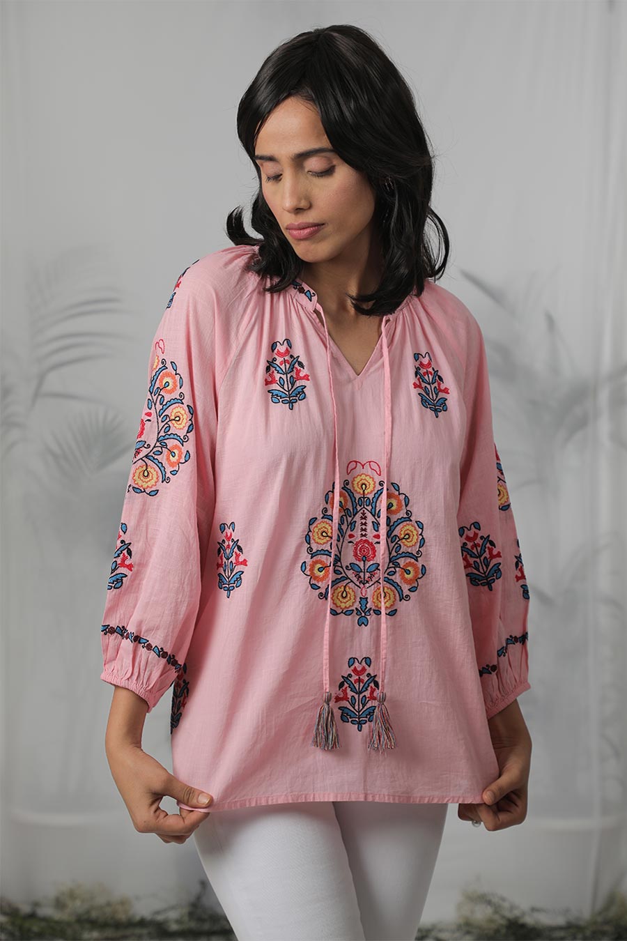 Pink & Multicolour Embroidered Top