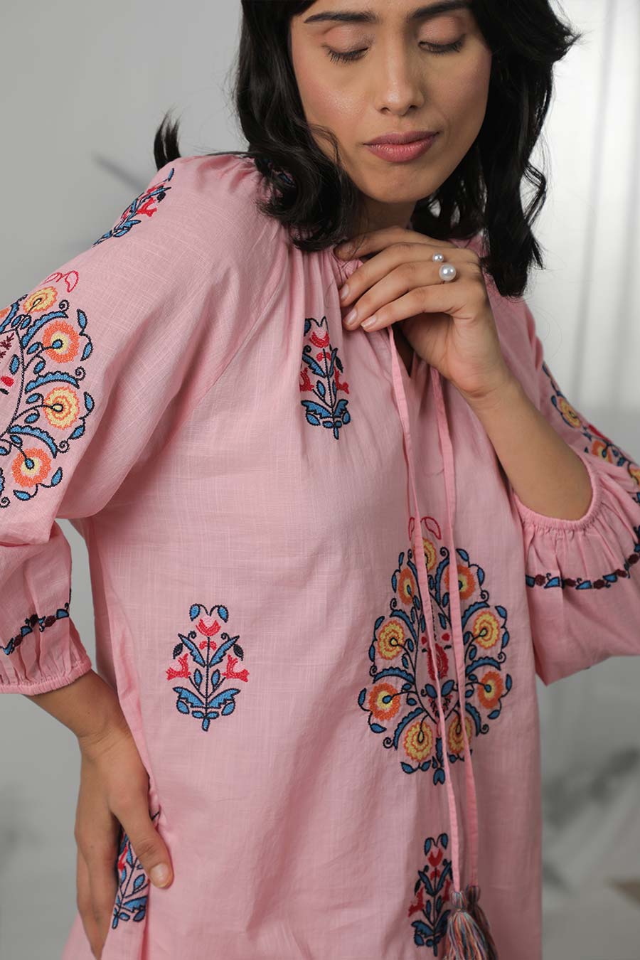 Pink & Multicolour Embroidered Top