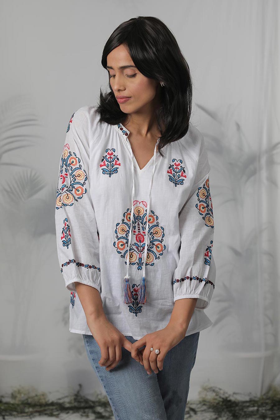 White & Multicolour Embroidered Top