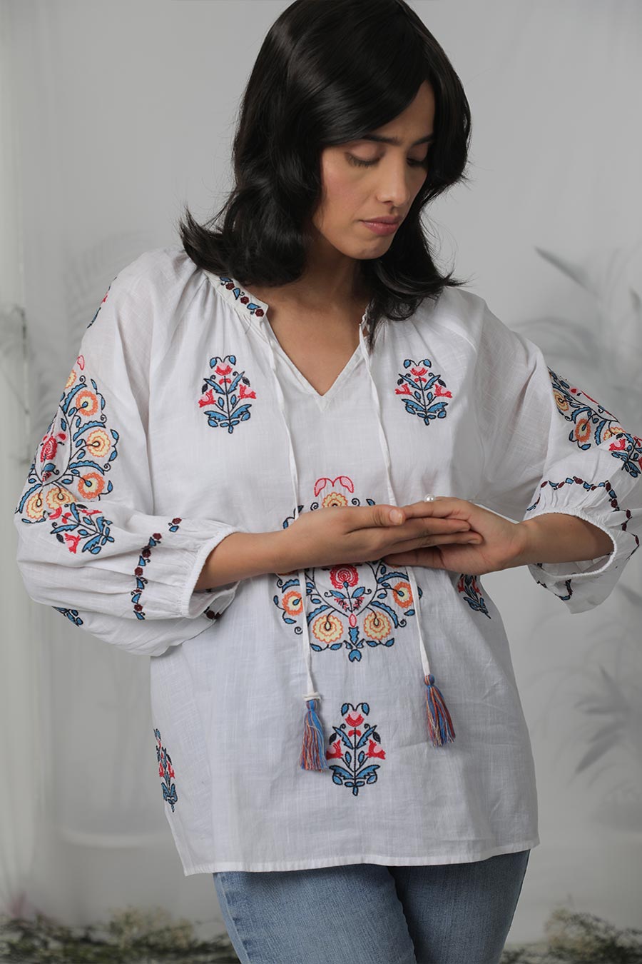 White & Multicolour Embroidered Top