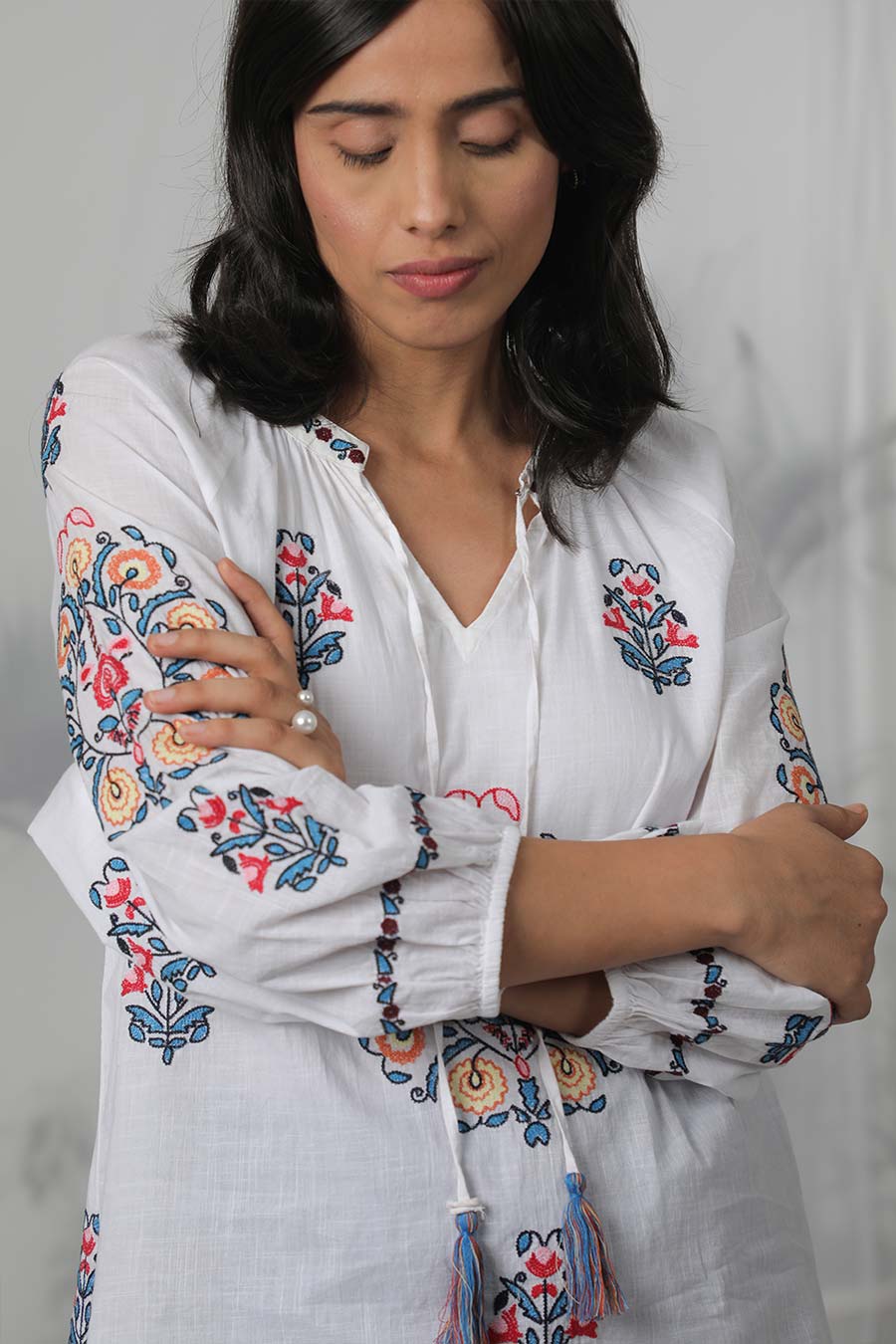 White & Multicolour Embroidered Top