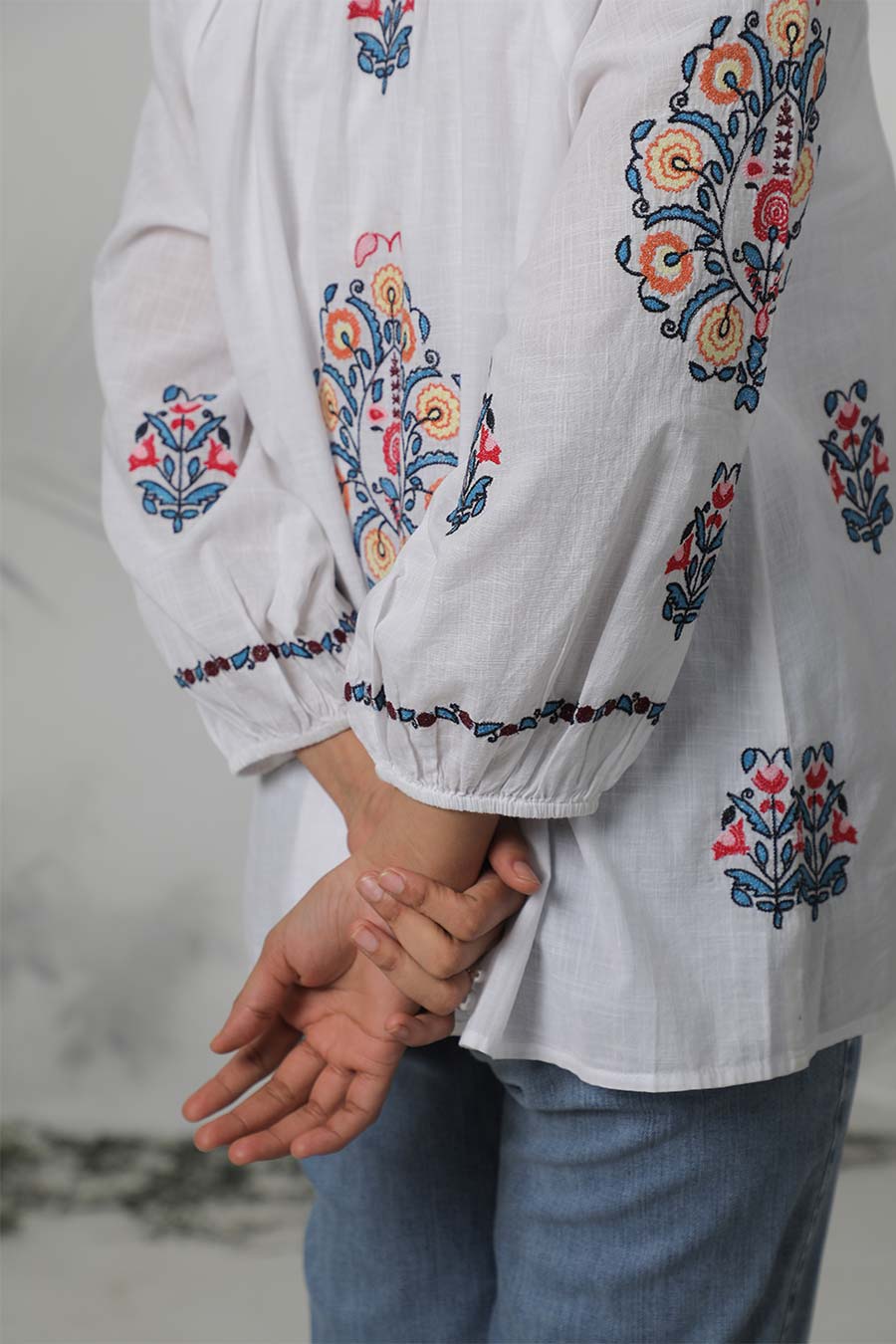 White & Multicolour Embroidered Top