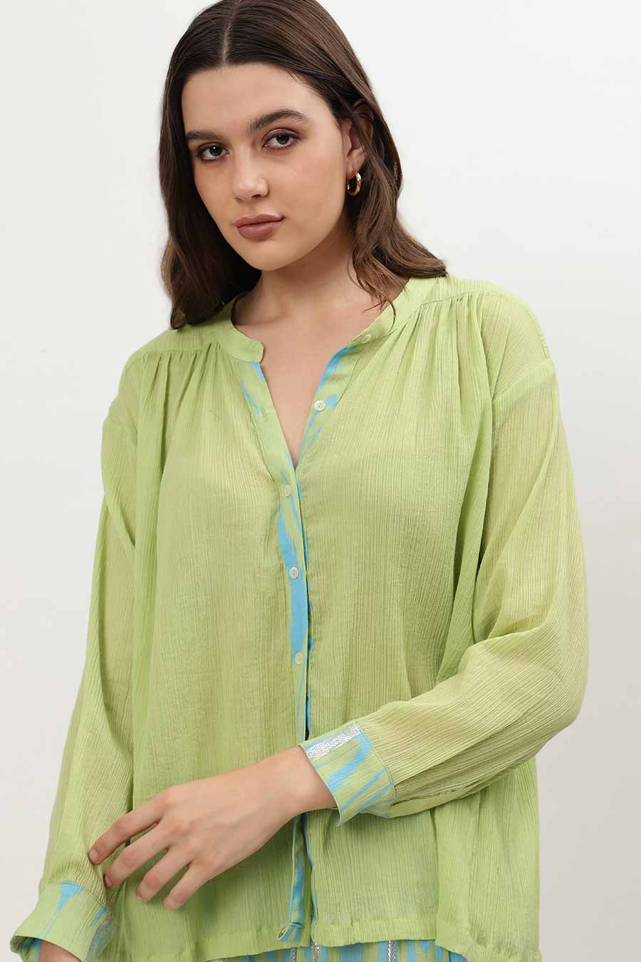 Light Green Ikat Printed Placket Shirt