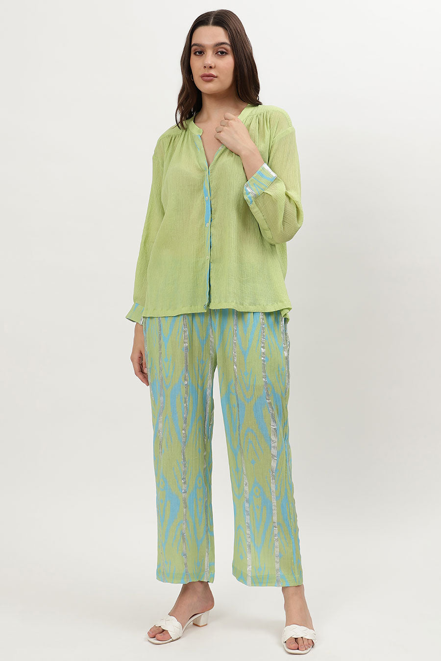 Light Green Ikat Printed Placket Shirt