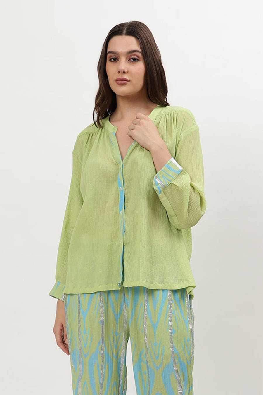 Light Green Ikat Printed Placket Shirt