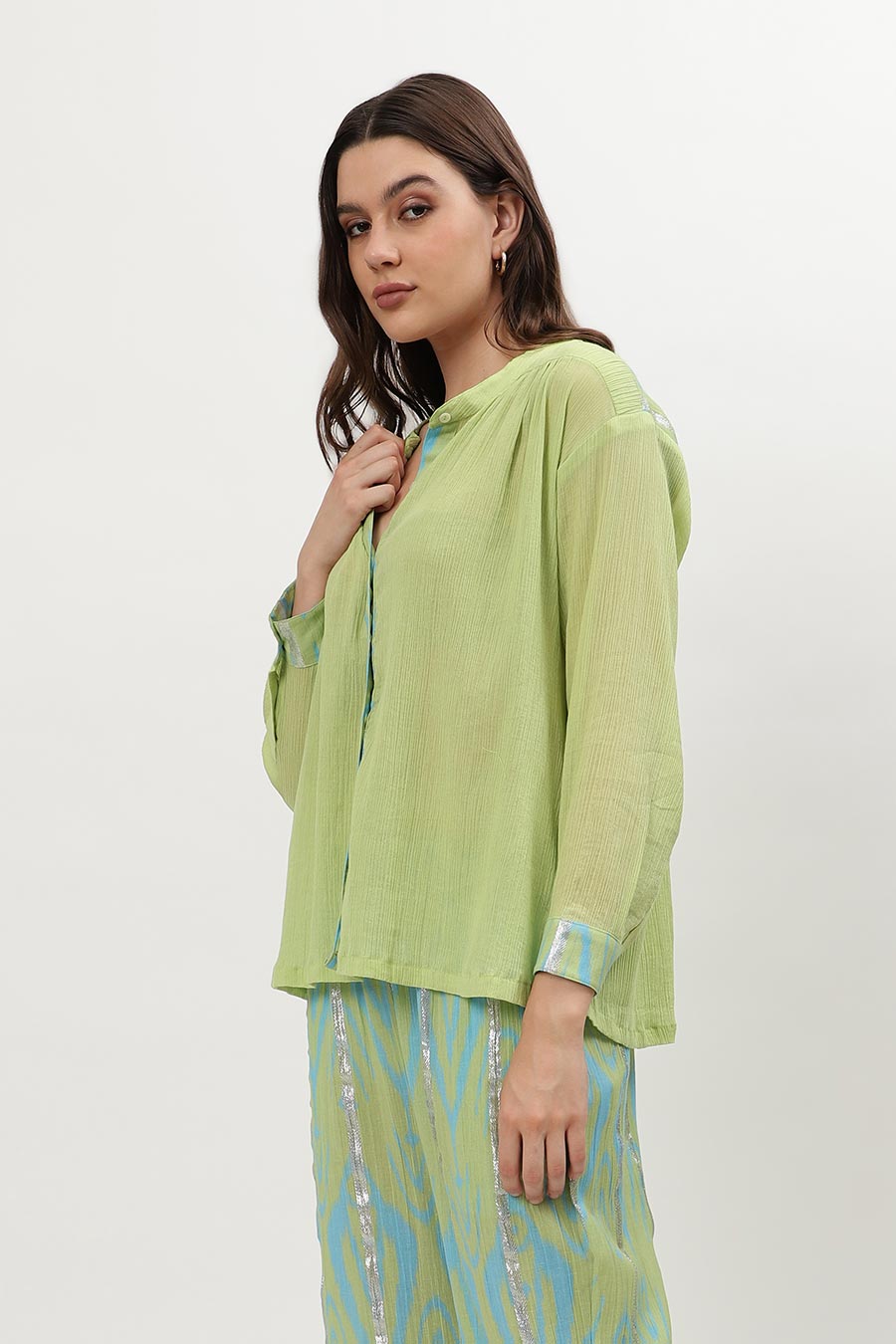 Light Green Ikat Printed Placket Shirt