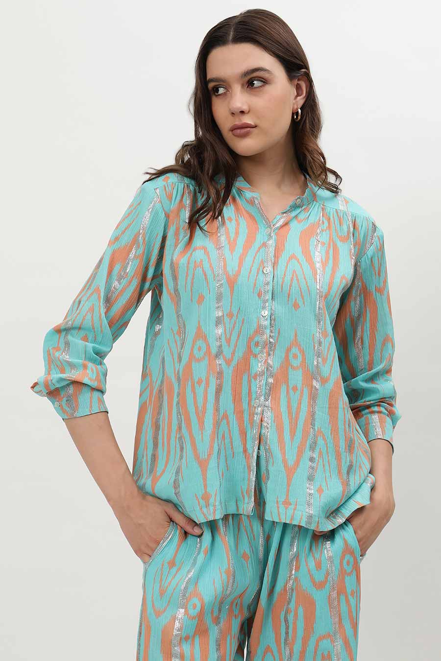 Light Blue Lurex Ikat Printed Shirt