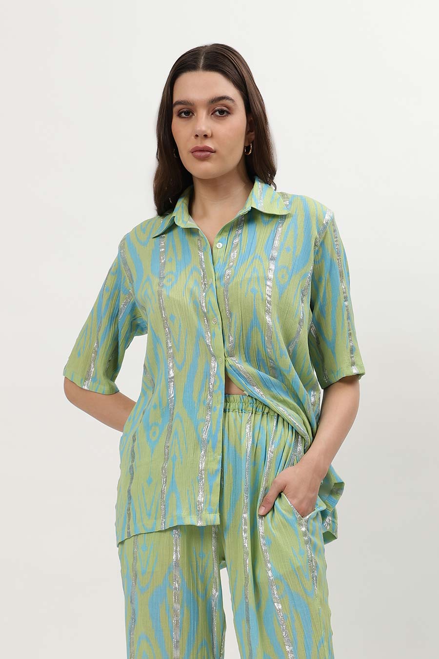 Light Green Lurex Ikat Printed Shirt