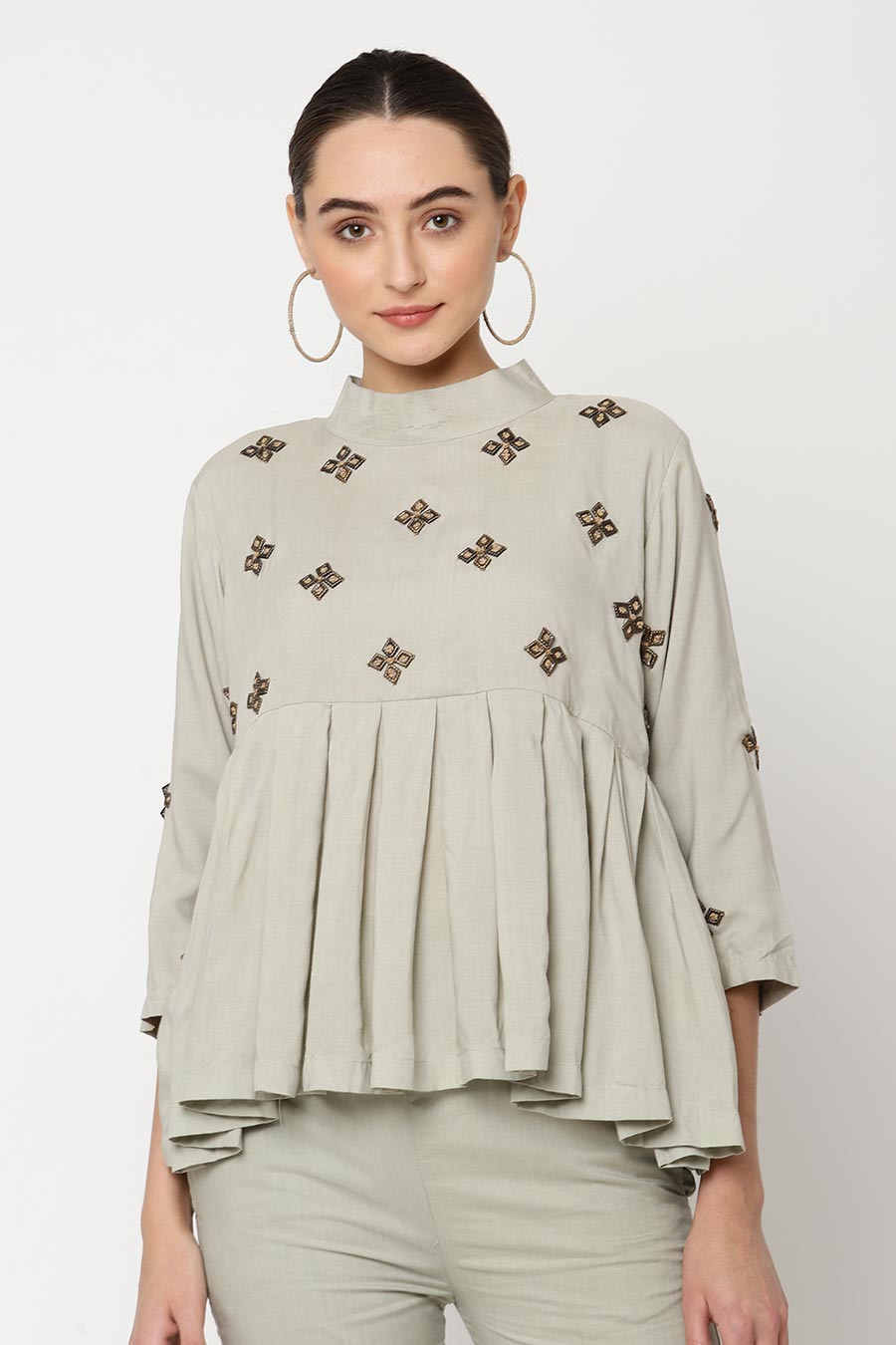 Grey Embroidered Peplum Top
