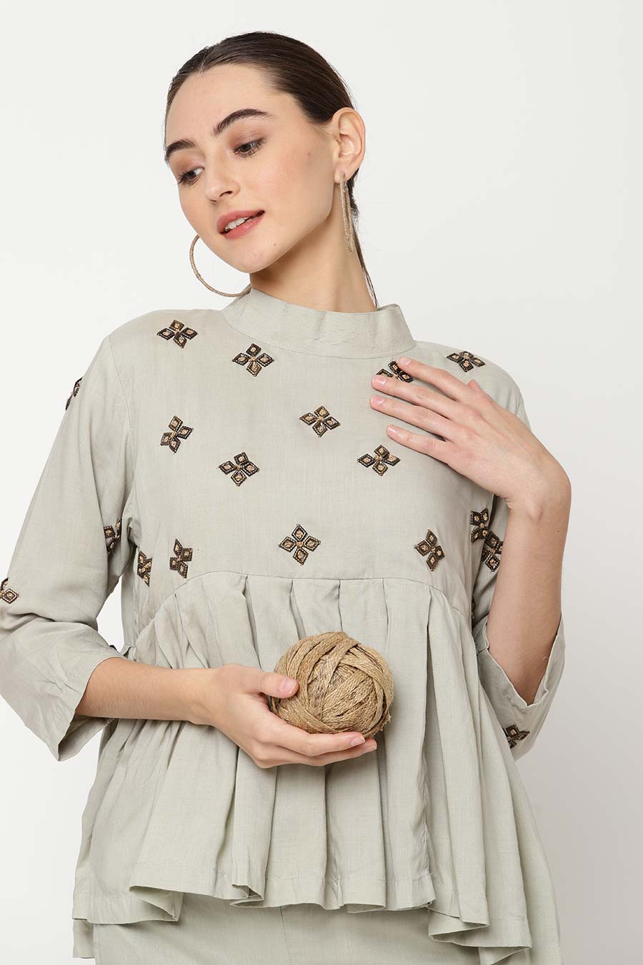 Grey Embroidered Peplum Top