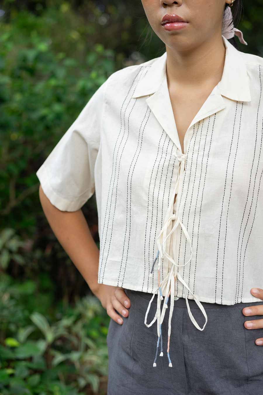 Off-White Hand-Embroidered Crop Shirt