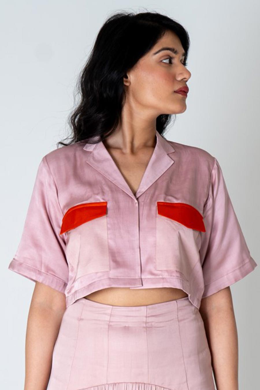 Pink-Orange Colour-Blocked Crop Shirt