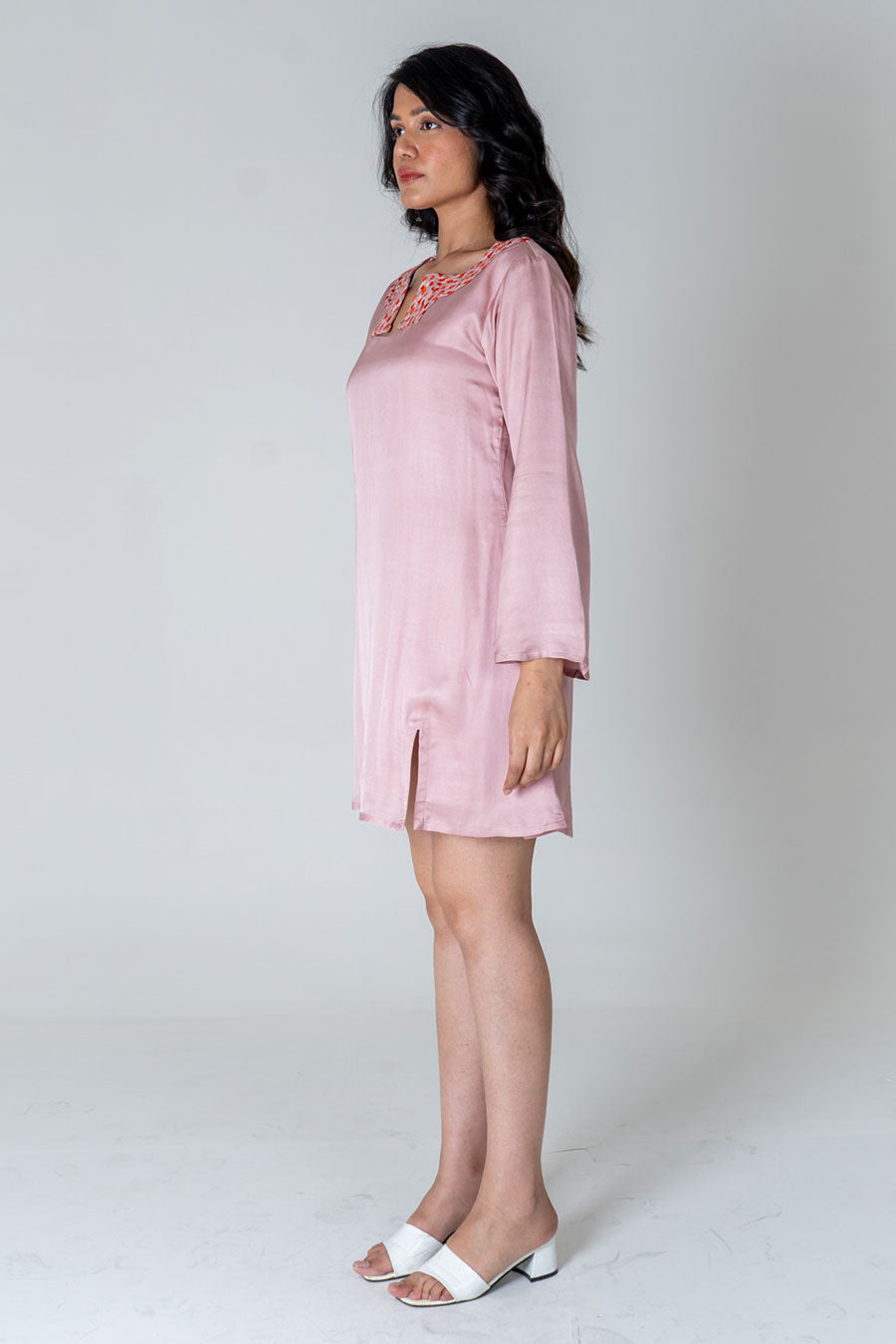 Pink-Orange Braided Neck Short Dress