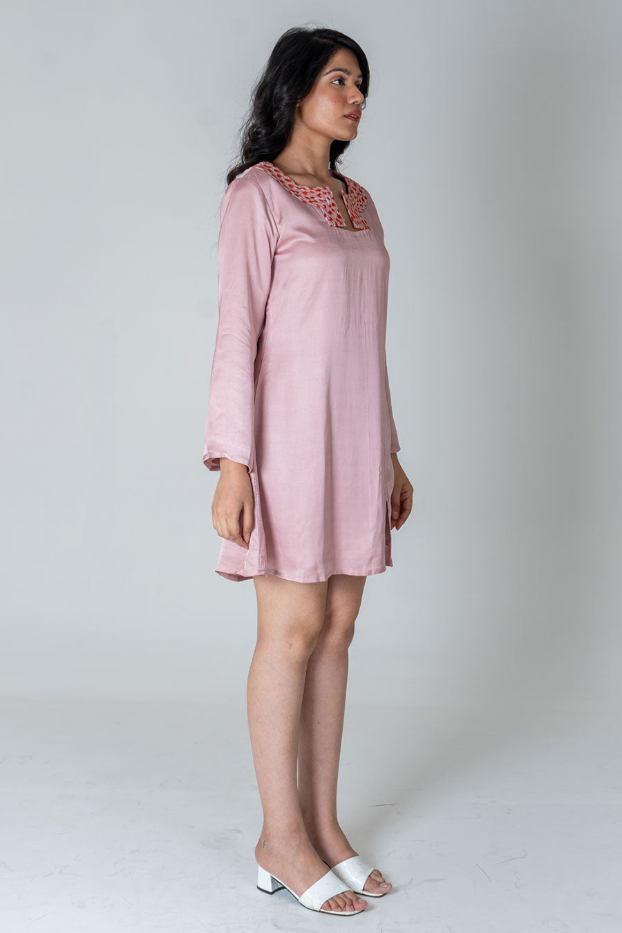 Pink-Orange Braided Neck Short Dress