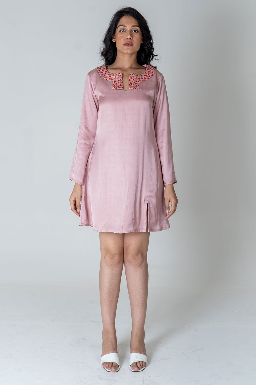 Pink-Orange Braided Neck Short Dress