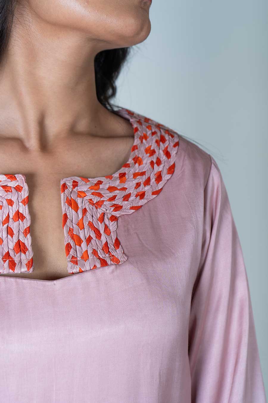 Pink-Orange Braided Neck Short Dress