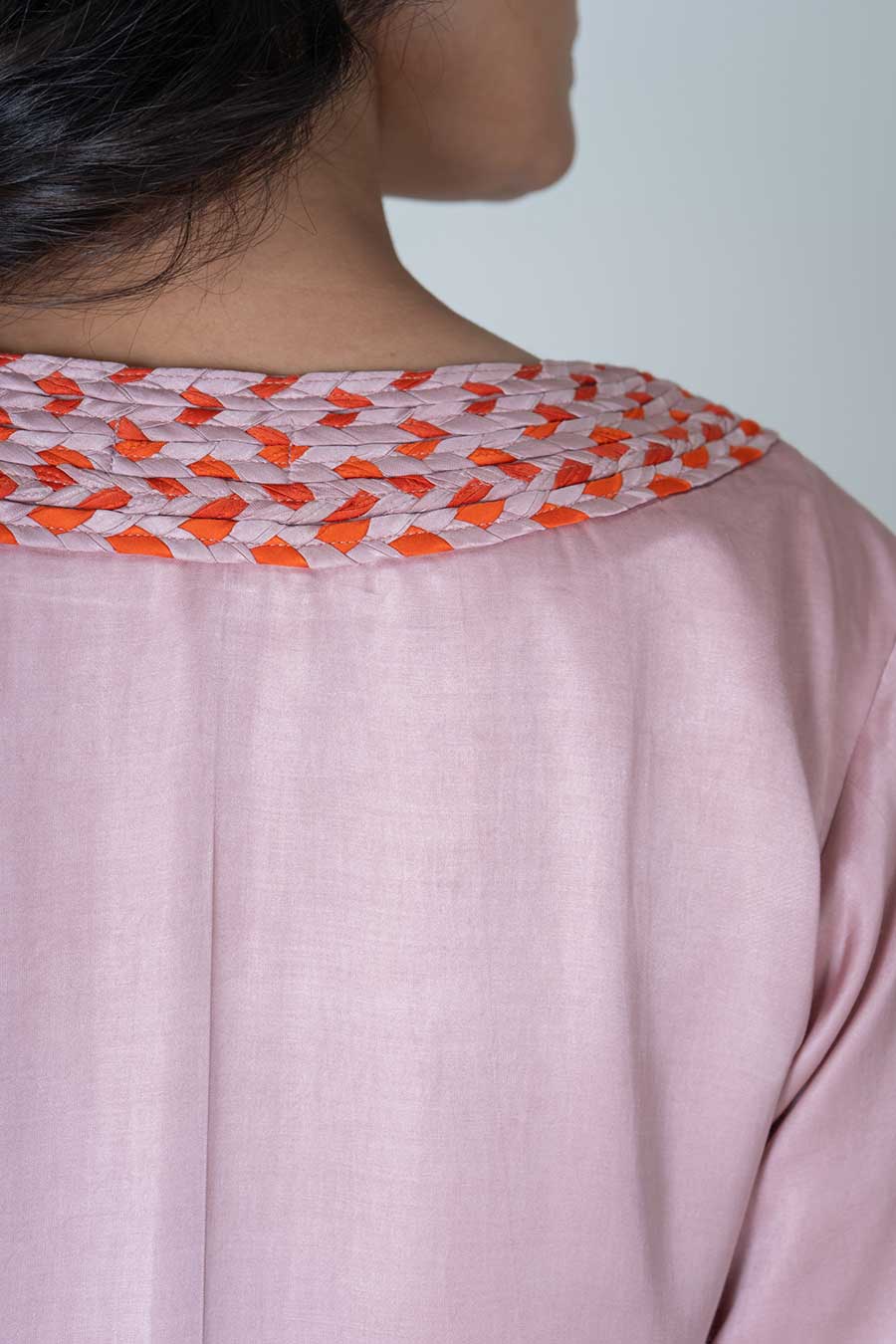 Pink-Orange Braided Neck Short Dress