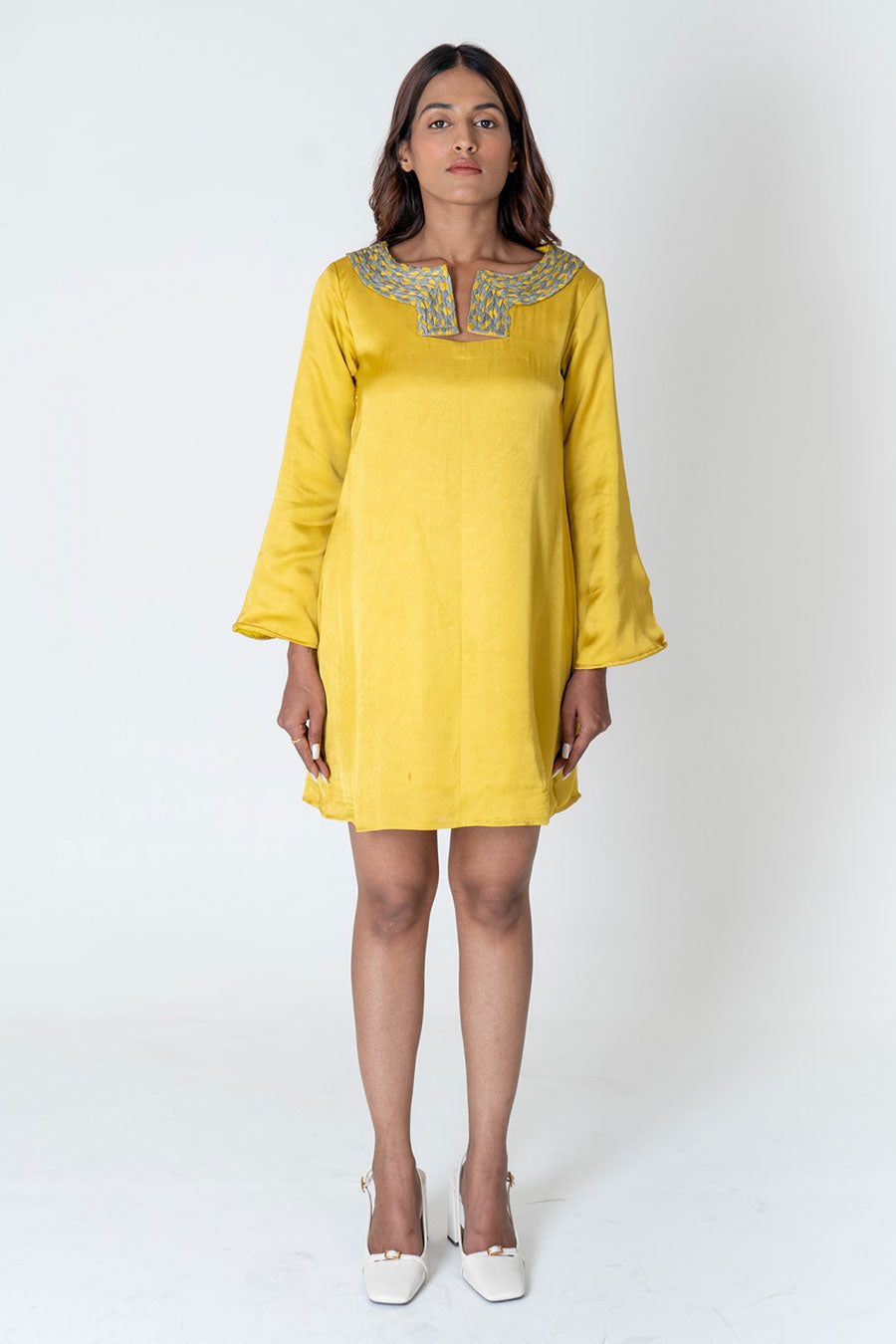 Yellow-Green Braided Neck Short Dress