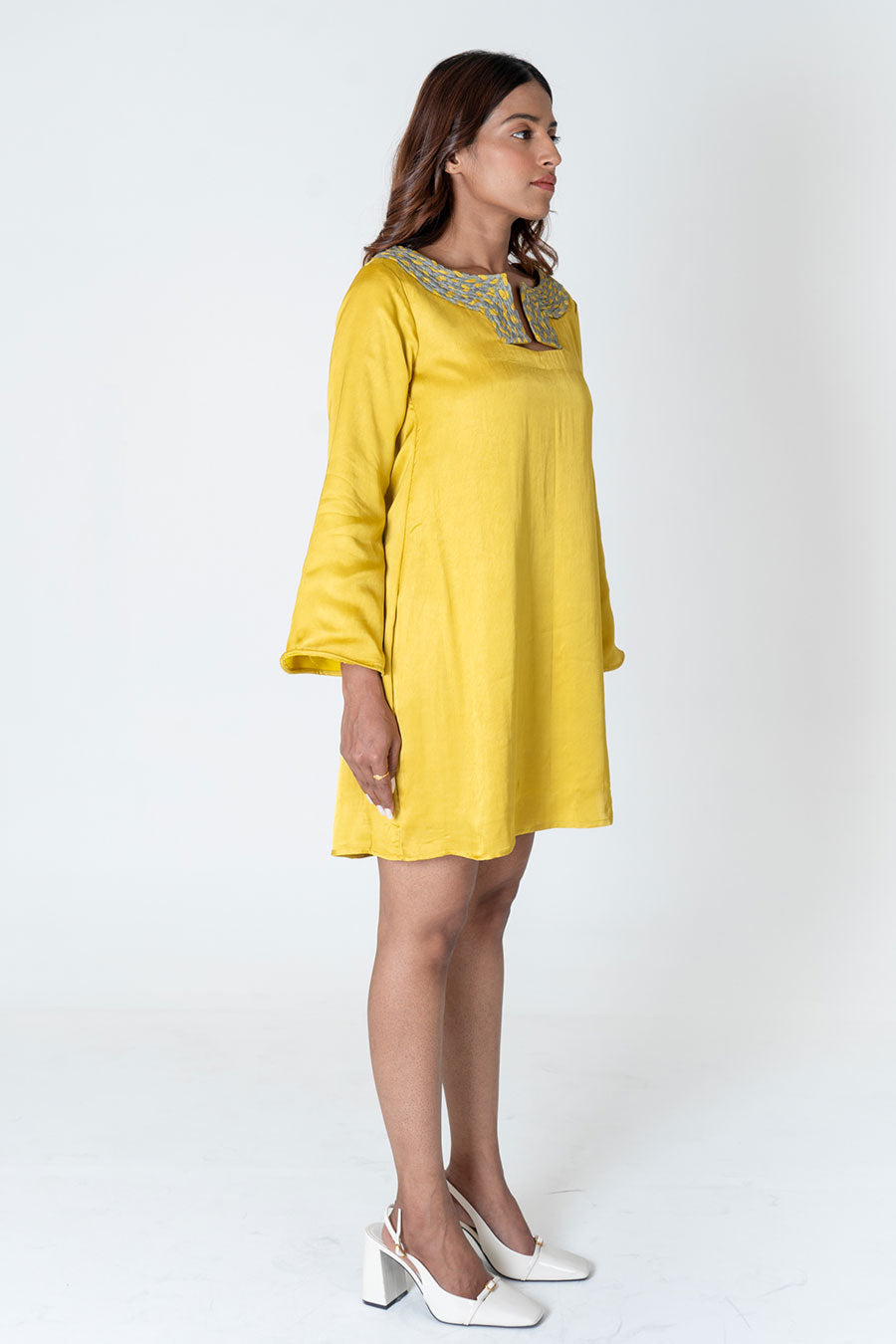 Yellow-Green Braided Neck Short Dress