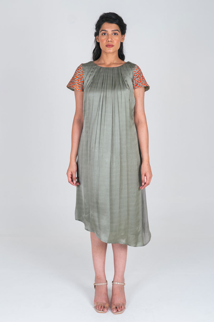 Green-Orange Braided Sleeves Midi Dress