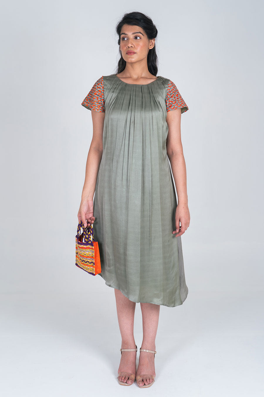 Green-Orange Braided Sleeves Midi Dress