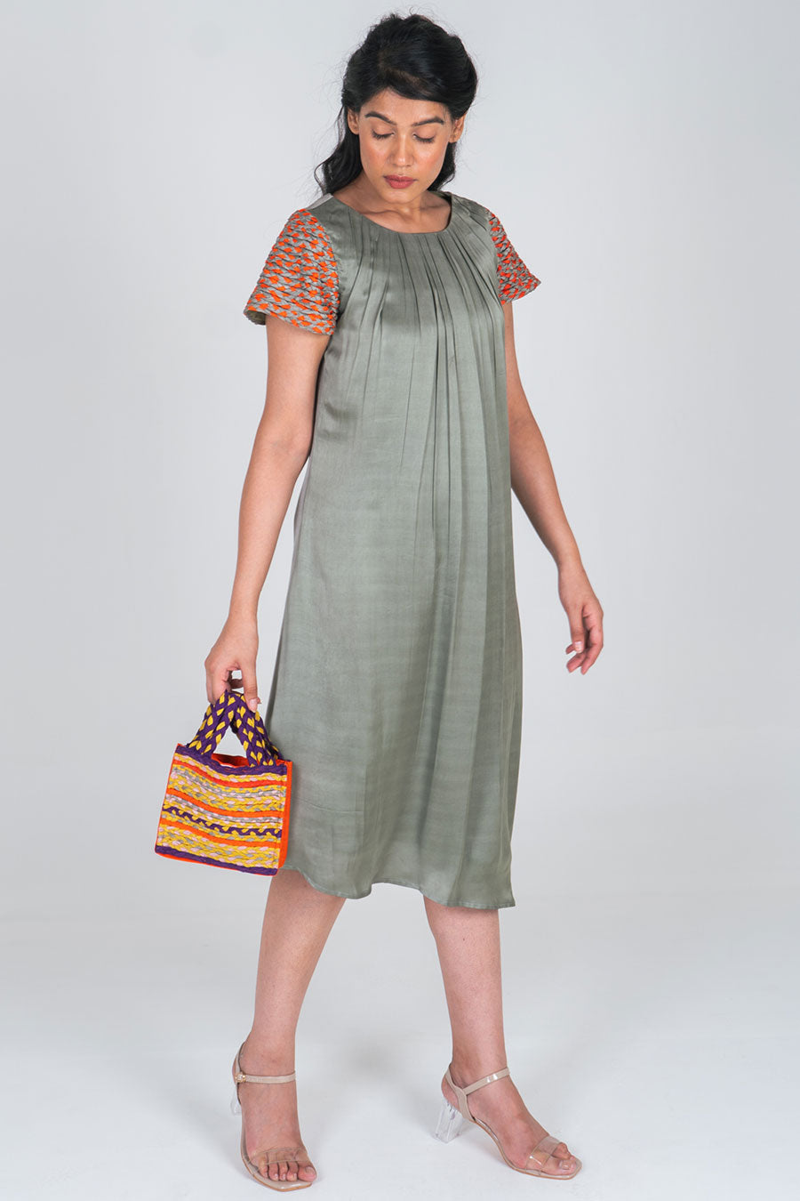 Green-Orange Braided Sleeves Midi Dress