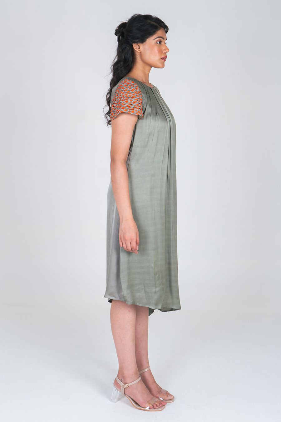 Green-Orange Braided Sleeves Midi Dress