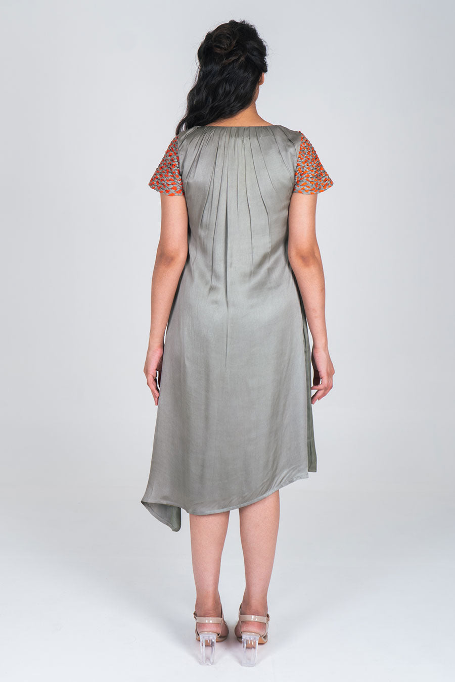 Green-Orange Braided Sleeves Midi Dress