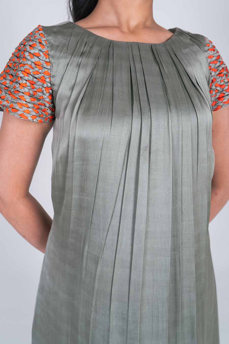 Green-Orange Braided Sleeves Midi Dress