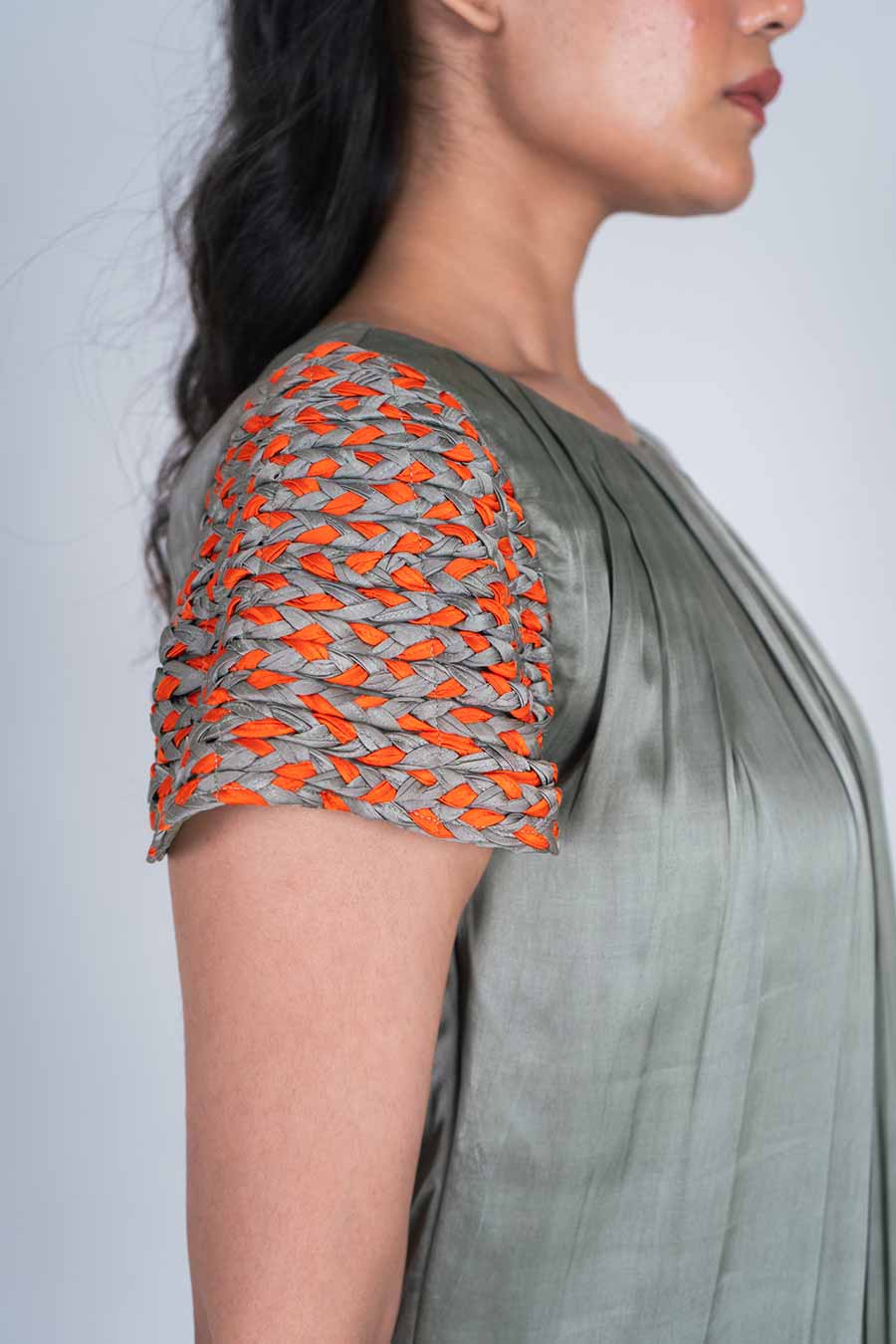 Green-Orange Braided Sleeves Midi Dress